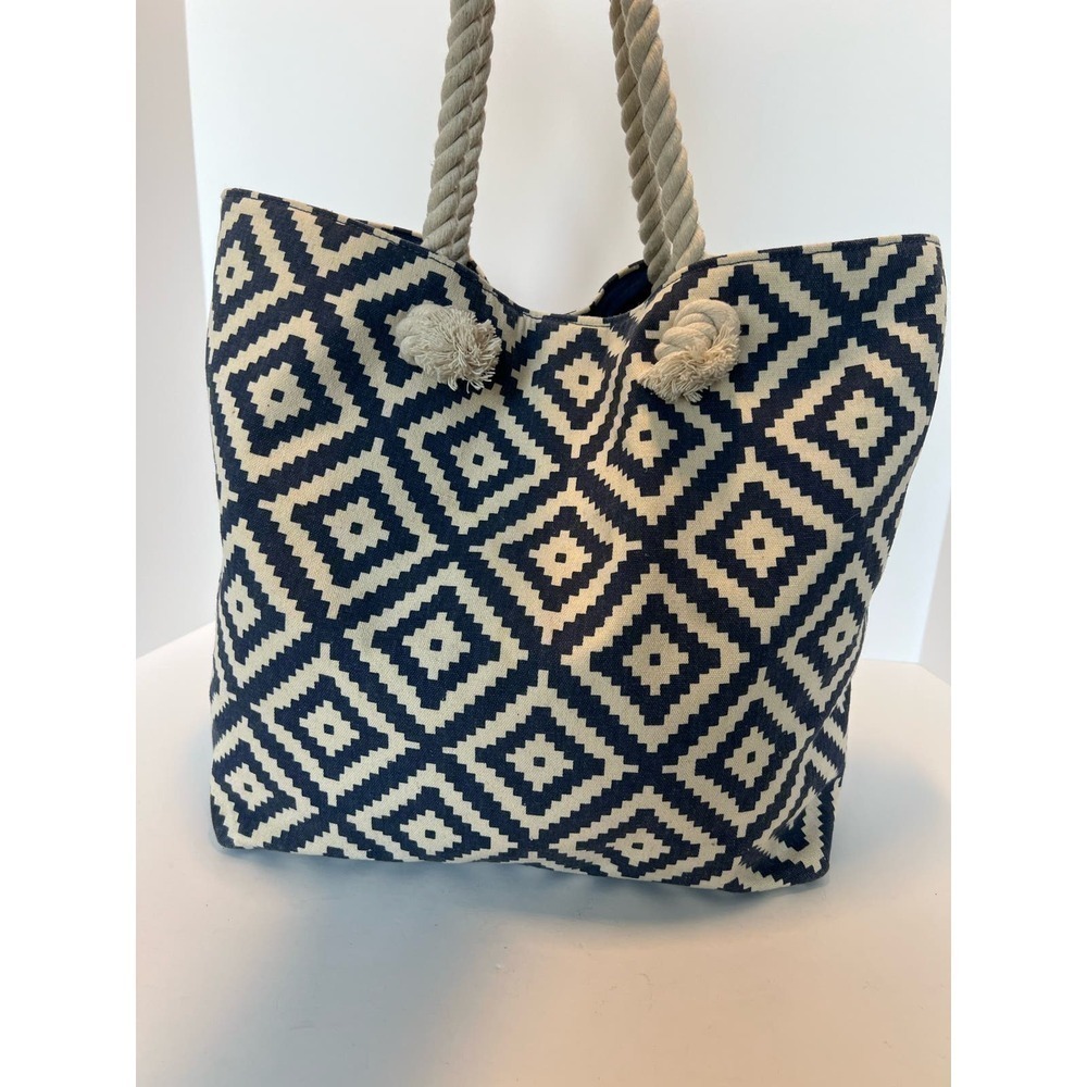 Summer & Rose Nautical Tote, Geometric Pattern, Rope Handles, Blue & White - Picture 6 of 16